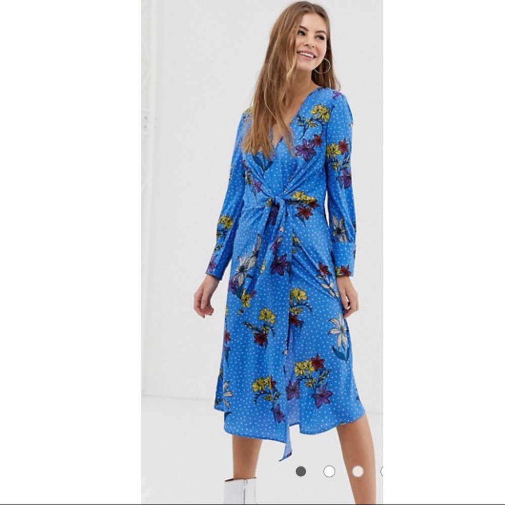 NWT knot asymmetric wrap floral midi dress